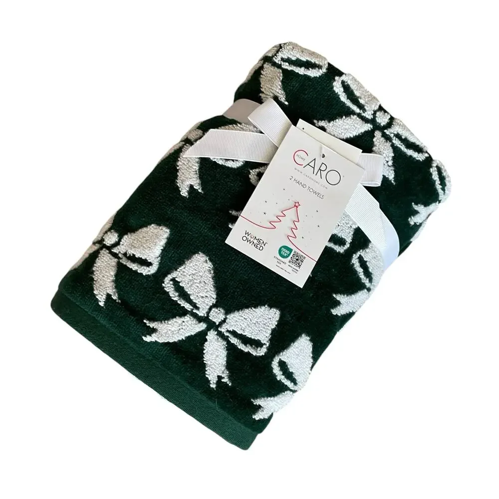 Caro Home Christmas Bow Tip Towels Set of 2 Green & White Holiday Glam New